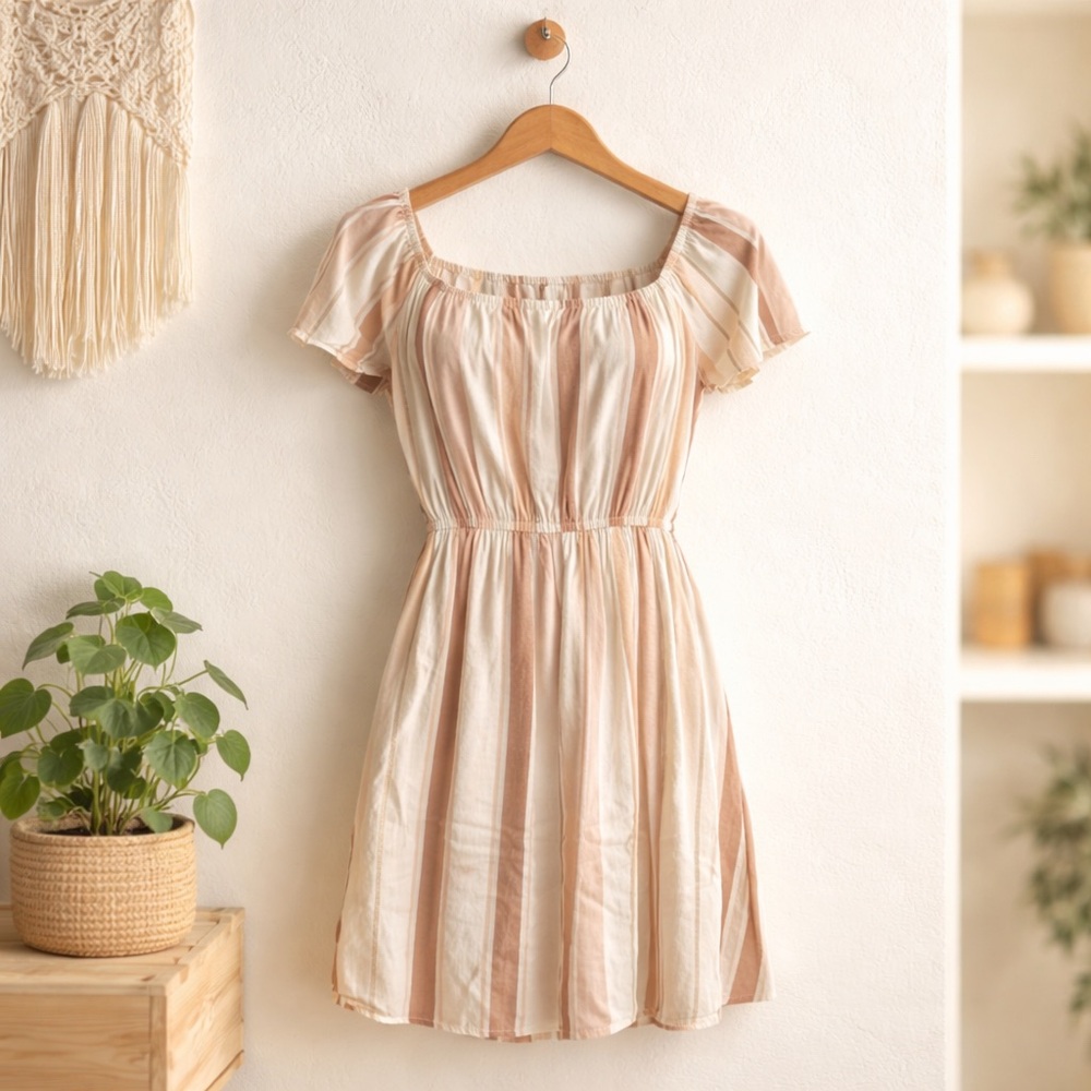 AEO Striped Off Shoulder Mini Dress Womens S Cottagecore Boho Casual Neutral